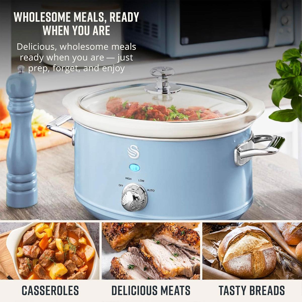 Swan Retro Slow Cooker 3.5L Blue Stainless Steel Housing Ceramic Pot Glass Lid 3 Temperature Settings - Image 4