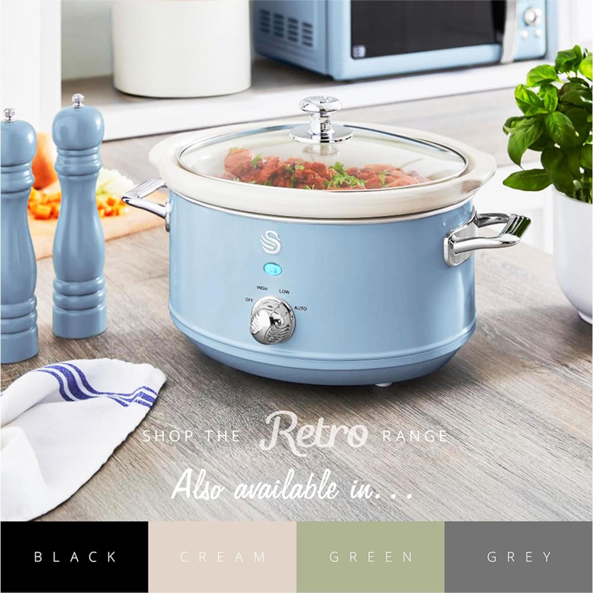 Swan Retro Slow Cooker 3.5L Blue Stainless Steel Housing Ceramic Pot Glass Lid 3 Temperature Settings - Image 6