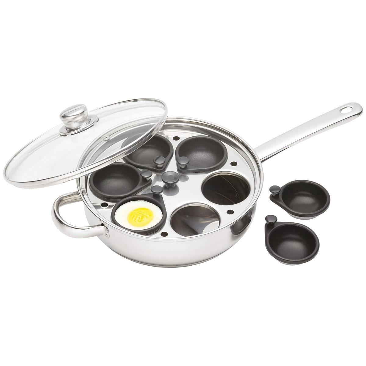 KitchenCraft Egg Poacher Pan 26cm Stainless Steel Non Stick 6 Cup Induction Safe with Glass Lid Silver