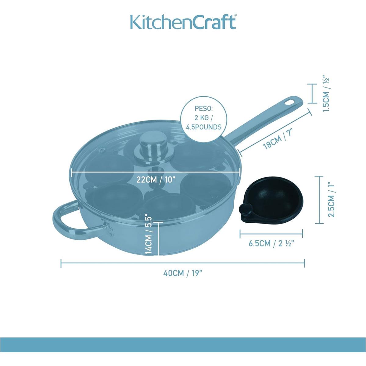 KitchenCraft Egg Poacher Pan 26cm Stainless Steel Non Stick 6 Cup Induction Safe with Glass Lid Silver - Image 2