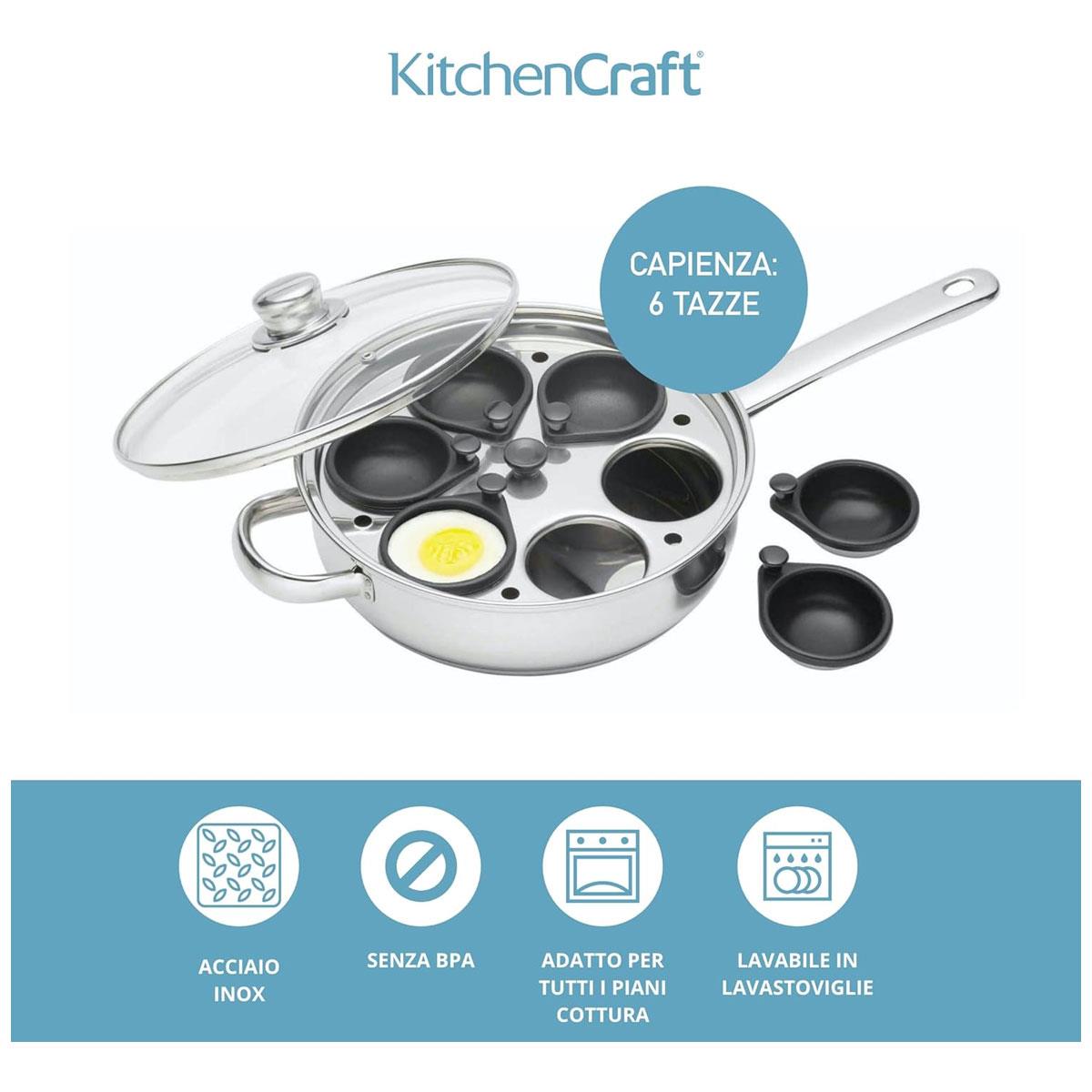 KitchenCraft Egg Poacher Pan 26cm Stainless Steel Non Stick 6 Cup Induction Safe with Glass Lid Silver - Image 3