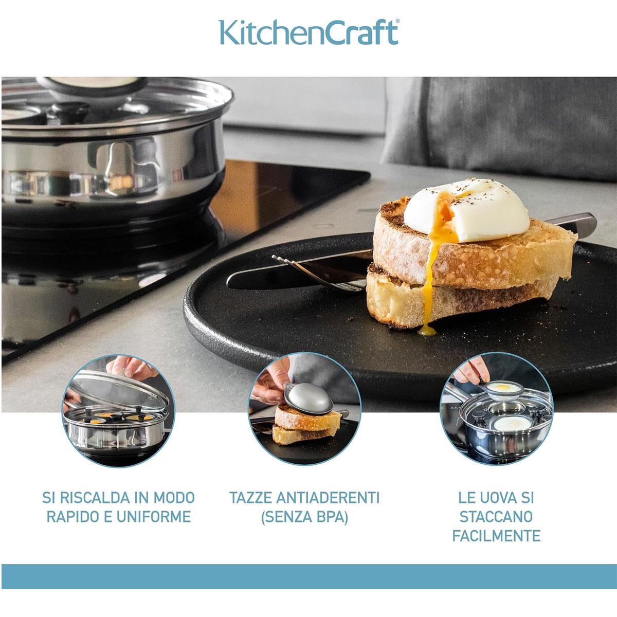 KitchenCraft Egg Poacher Pan 26cm Stainless Steel Non Stick 6 Cup Induction Safe with Glass Lid Silver - Image 4