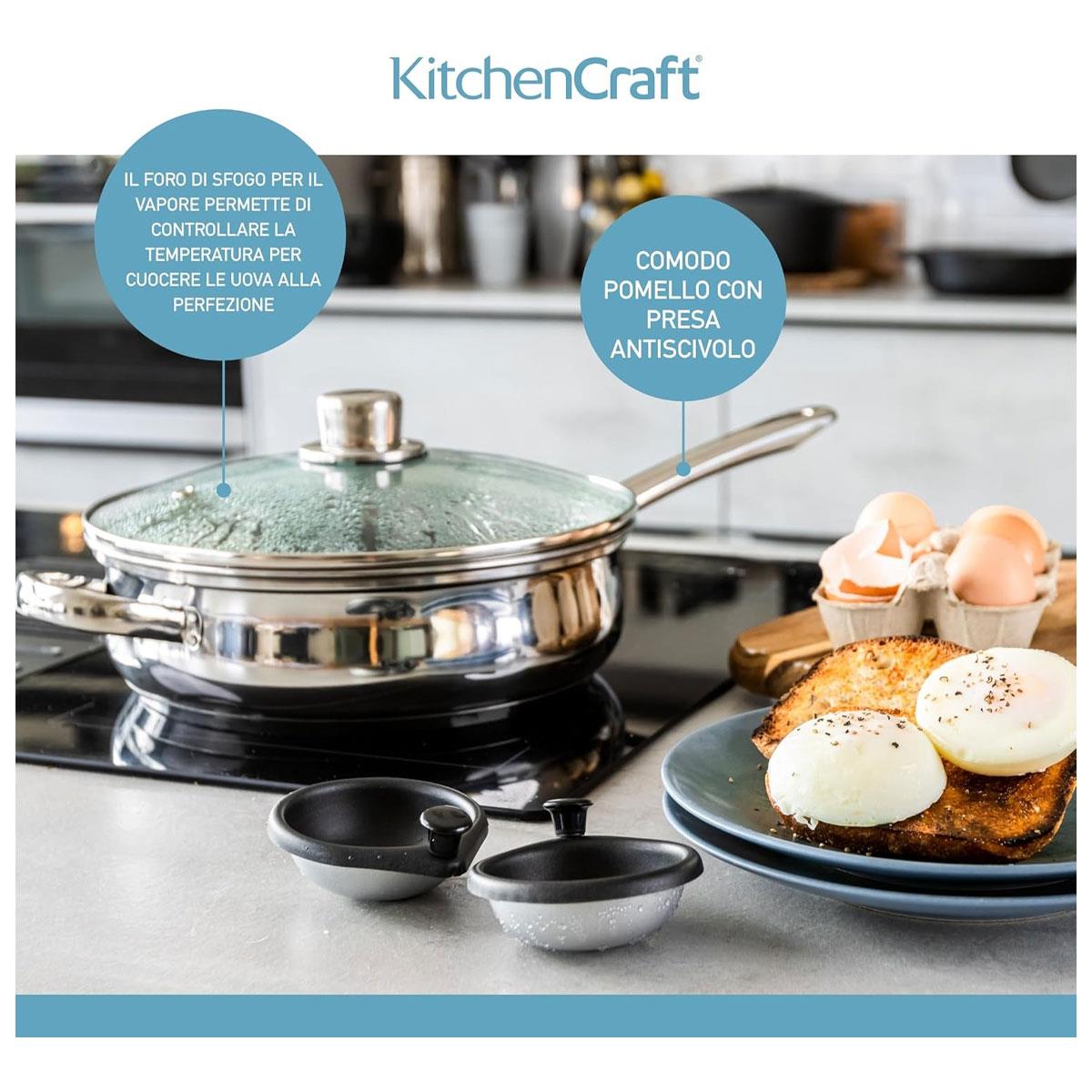 KitchenCraft Egg Poacher Pan 26cm Stainless Steel Non Stick 6 Cup Induction Safe with Glass Lid Silver - Image 5
