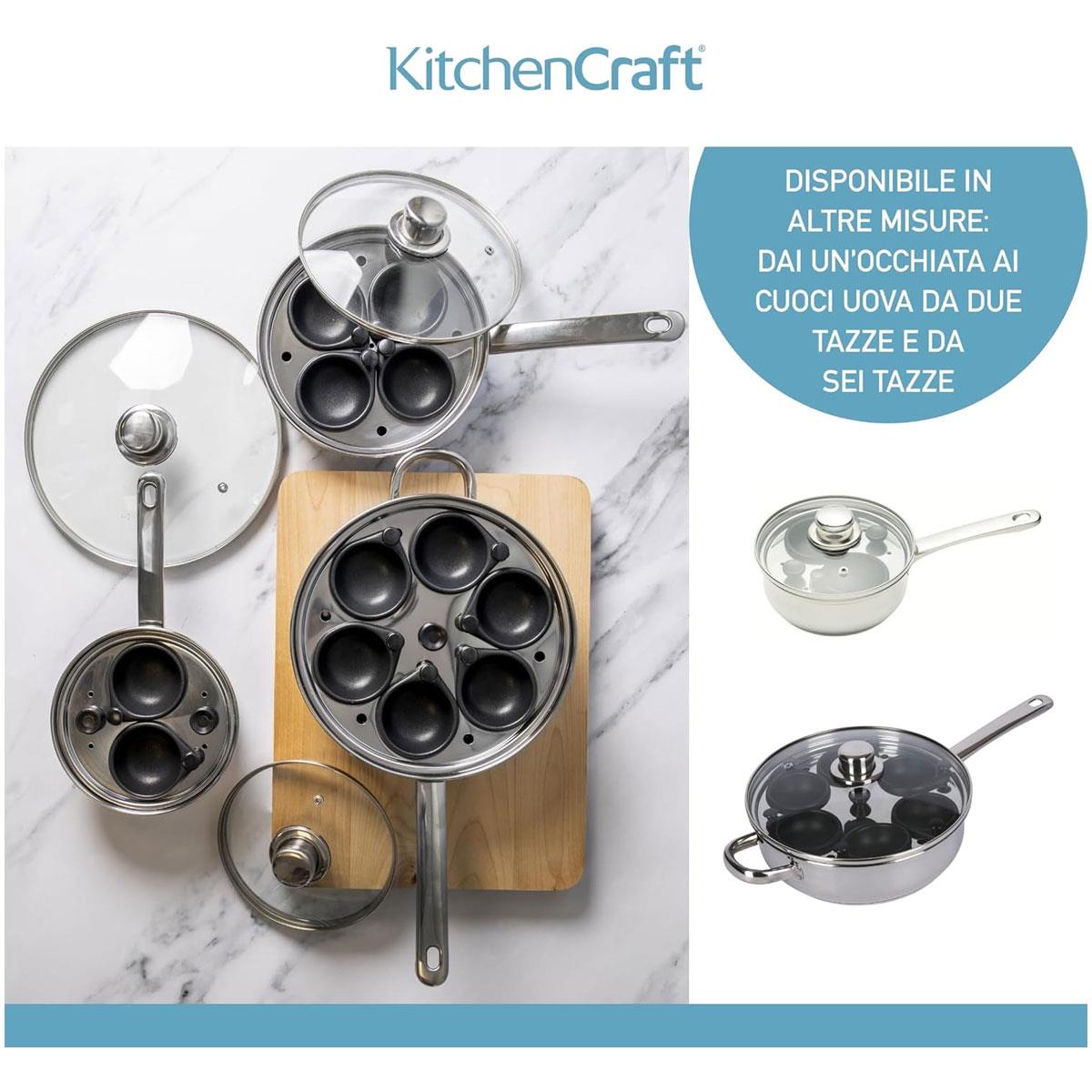 KitchenCraft Egg Poacher Pan 26cm Stainless Steel Non Stick 6 Cup Induction Safe with Glass Lid Silver - Image 6