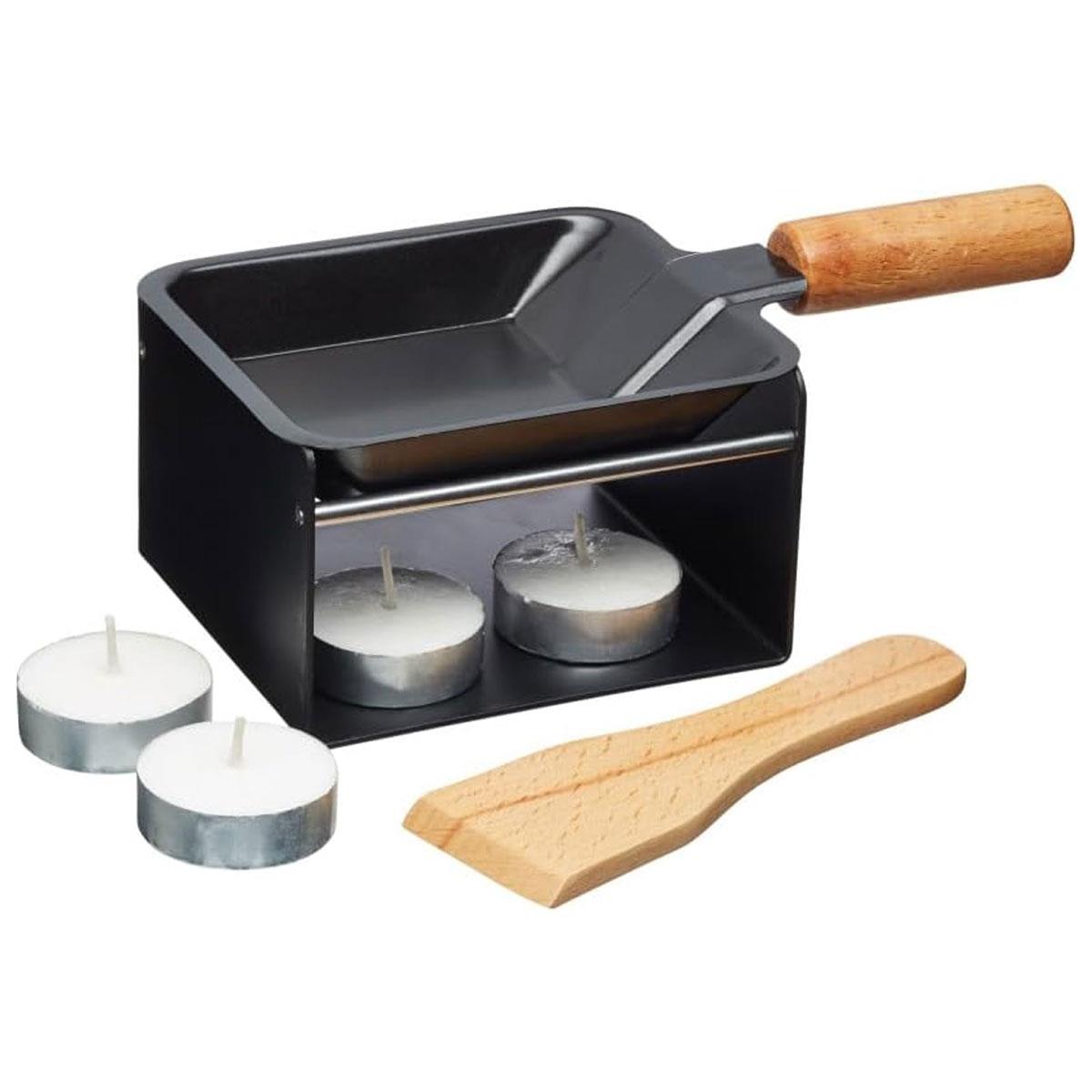 KitchenCraft Artesa Mini Raclette Grill Set for 2 with Non-Stick Cheese Melting Pan Metal Burner Stand Wooden Spatula & 2 Tealight Candles Black