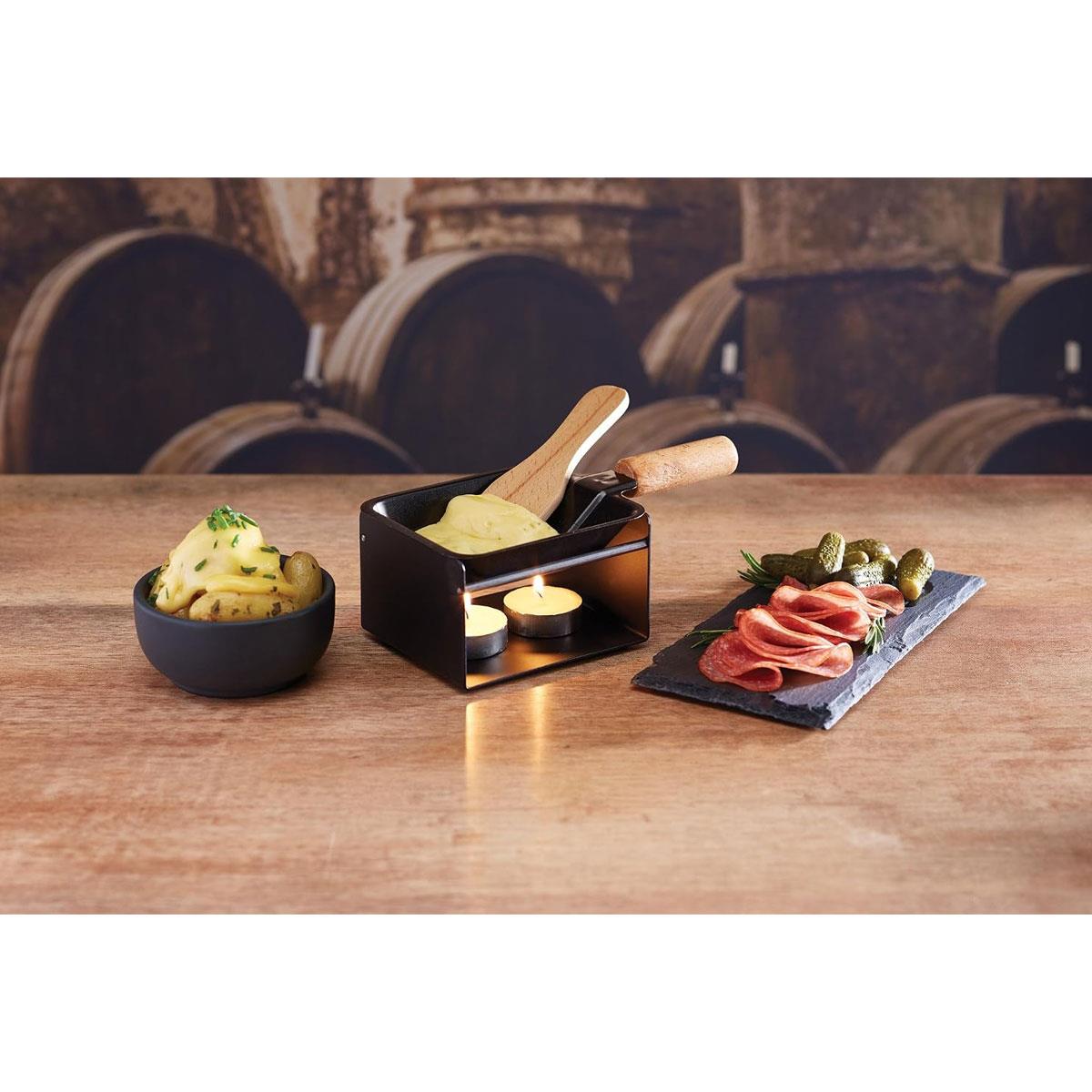 KitchenCraft Artesa Mini Raclette Grill Set for 2 with Non-Stick Cheese Melting Pan Metal Burner Stand Wooden Spatula & 2 Tealight Candles Black - Image 2