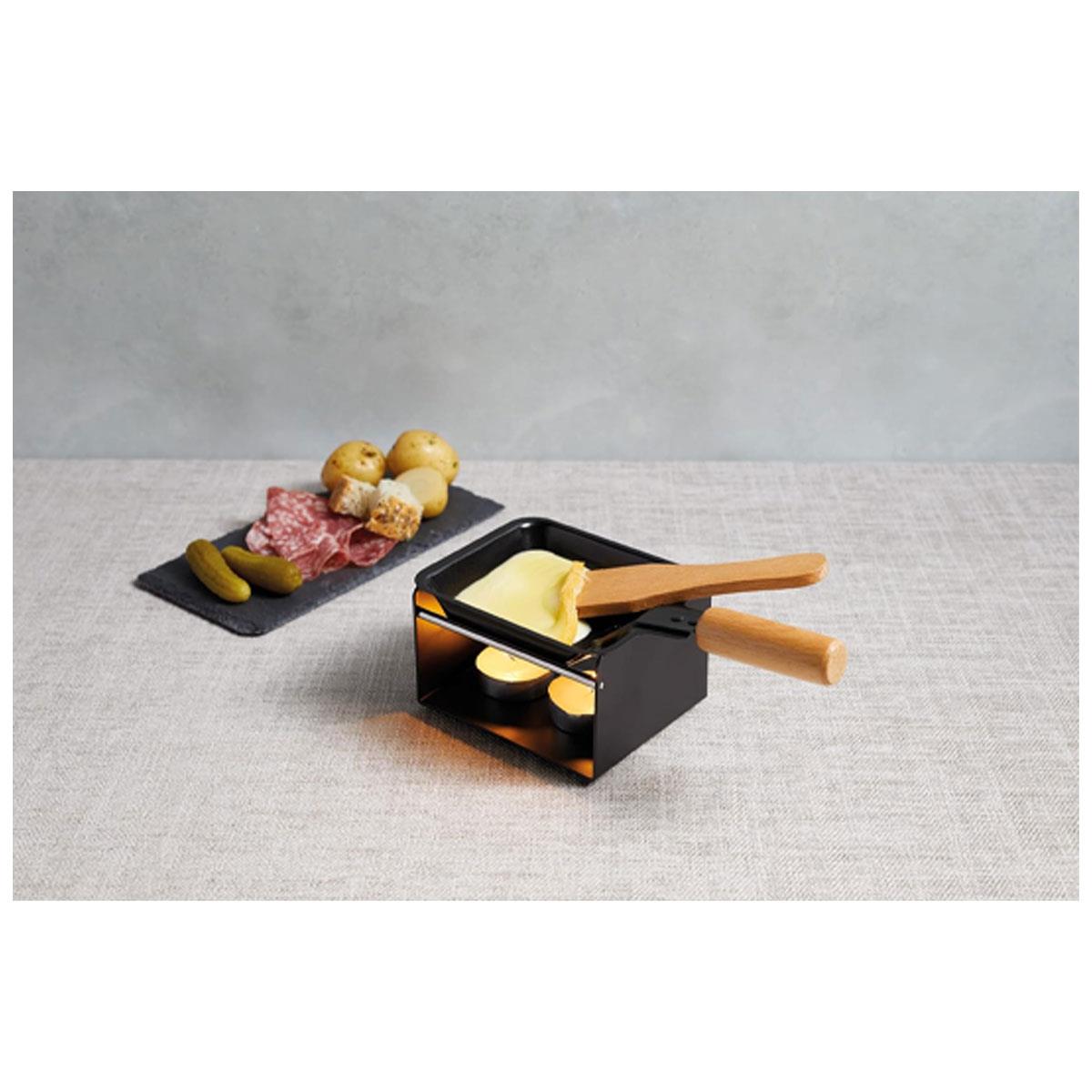 KitchenCraft Artesa Mini Raclette Grill Set for 2 with Non-Stick Cheese Melting Pan Metal Burner Stand Wooden Spatula & 2 Tealight Candles Black - Image 3