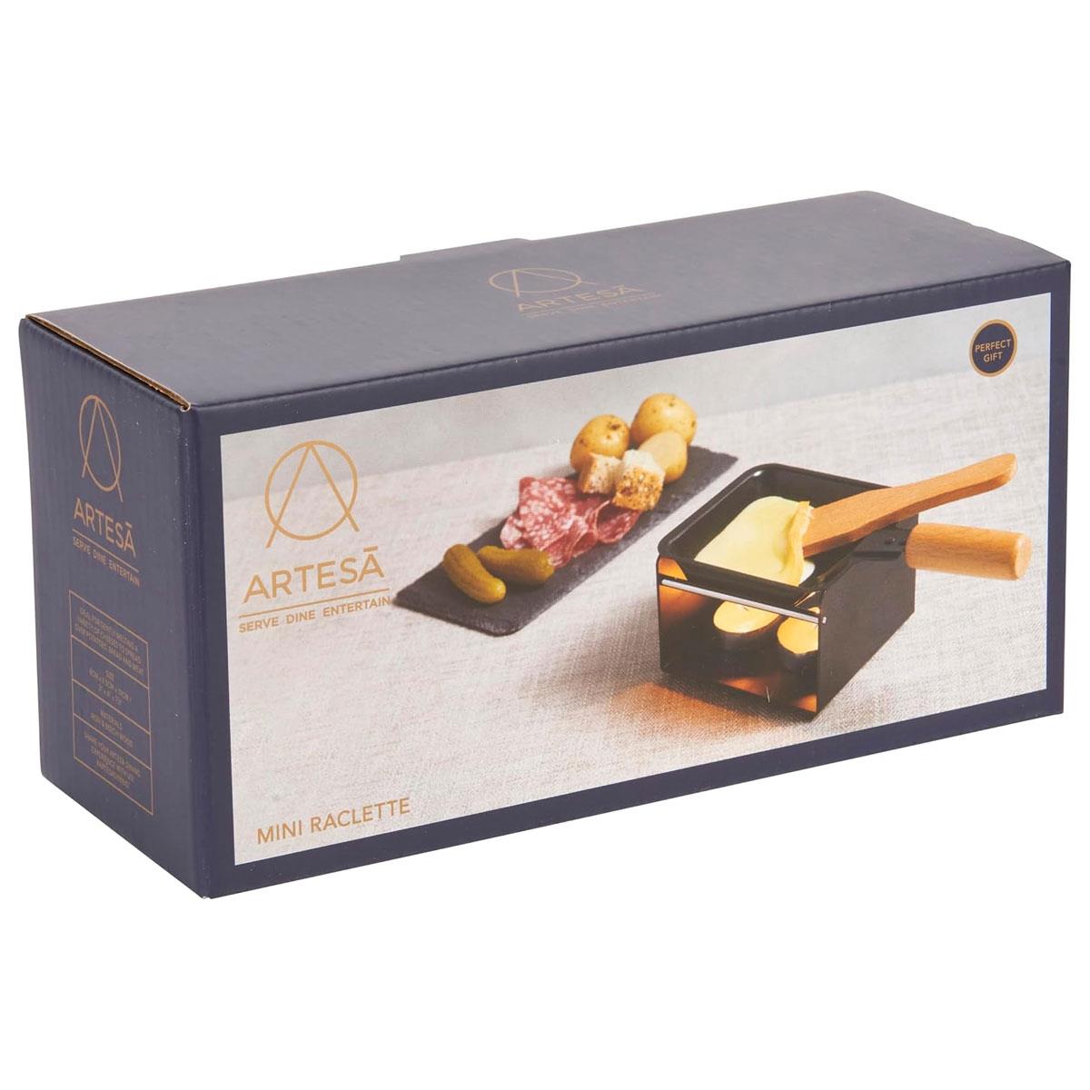 KitchenCraft Artesa Mini Raclette Grill Set for 2 with Non-Stick Cheese Melting Pan Metal Burner Stand Wooden Spatula & 2 Tealight Candles Black - Image 4