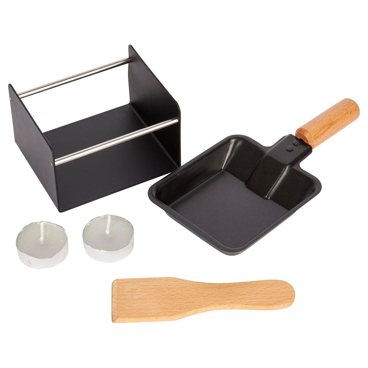 KitchenCraft Artesa Mini Raclette Grill Set for 2 with Non-Stick Cheese Melting Pan Metal Burner Stand Wooden Spatula & 2 Tealight Candles Black - Image 5