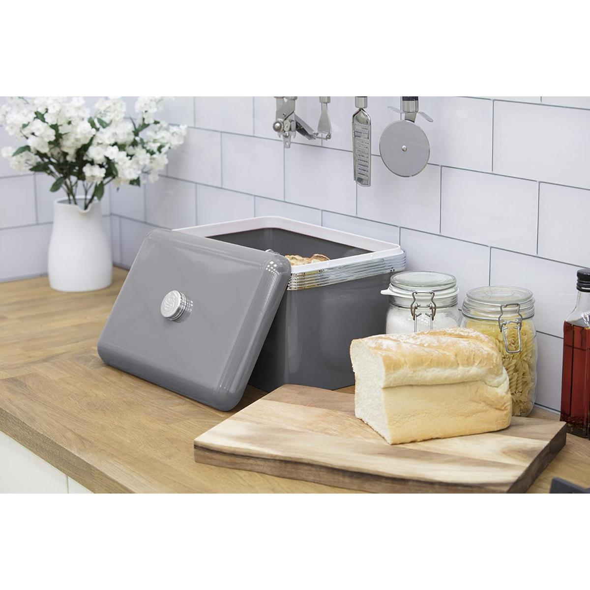Swan Retro Bread Bin 18L Metal Bread Storage Container With Chrome Handle Grey Finish - Image 2