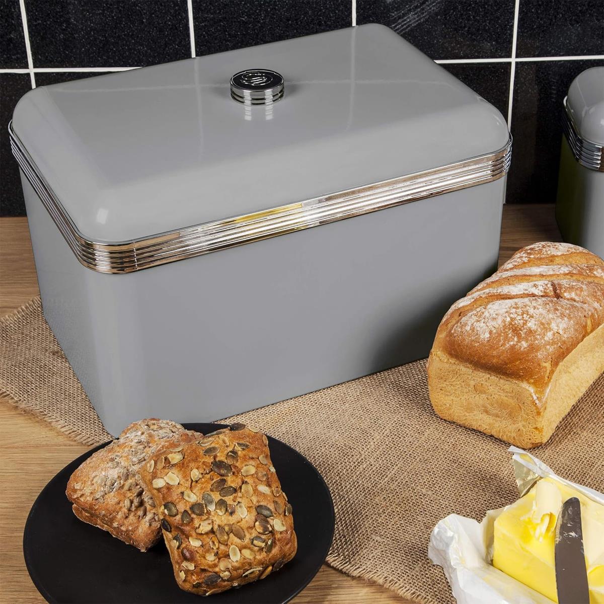 Swan Retro Bread Bin 18L Metal Bread Storage Container With Chrome Handle Grey Finish - Image 4