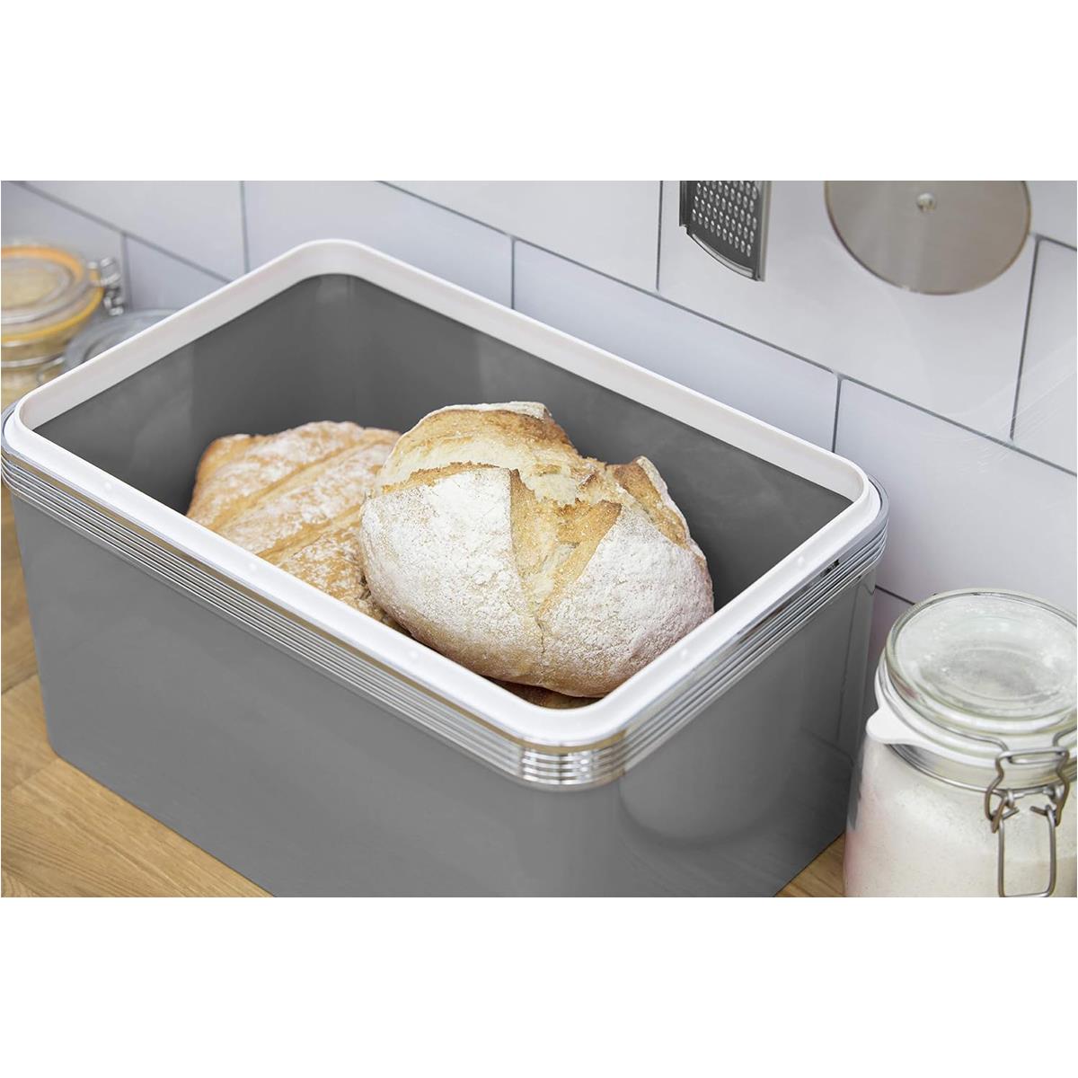 Swan Retro Bread Bin 18L Metal Bread Storage Container With Chrome Handle Grey Finish - Image 5