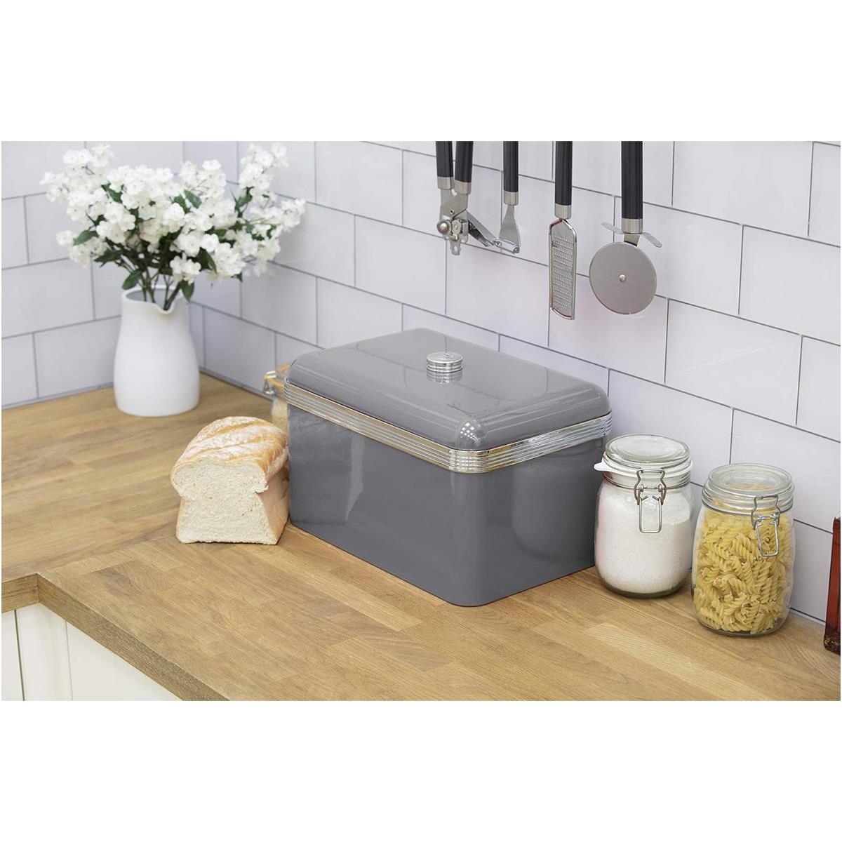 Swan Retro Bread Bin 18L Metal Bread Storage Container With Chrome Handle Grey Finish - Image 6