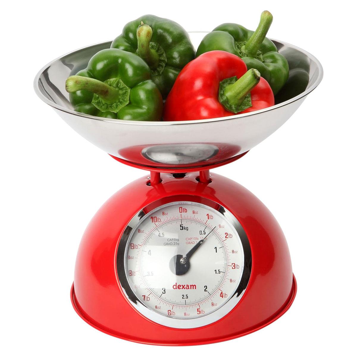 Dexam Vintage Retro Mechanical Kitchen Scales with 2L Stainless Steel Bowl 5kg Capacity Red