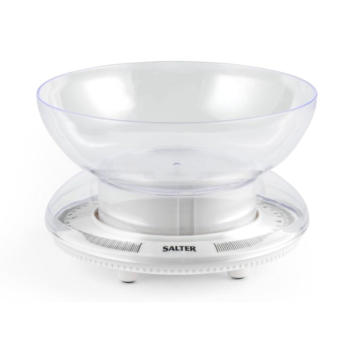 Salter Mechanical Kitchen Scale 3kg Analog Food Scale with 1L Dishwasher Safe Bowl White No Battery Required