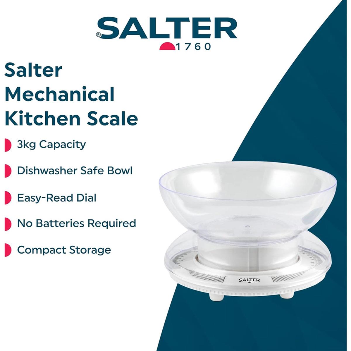 Salter Mechanical Kitchen Scale 3kg Analog Food Scale with 1L Dishwasher Safe Bowl White No Battery Required - Image 3