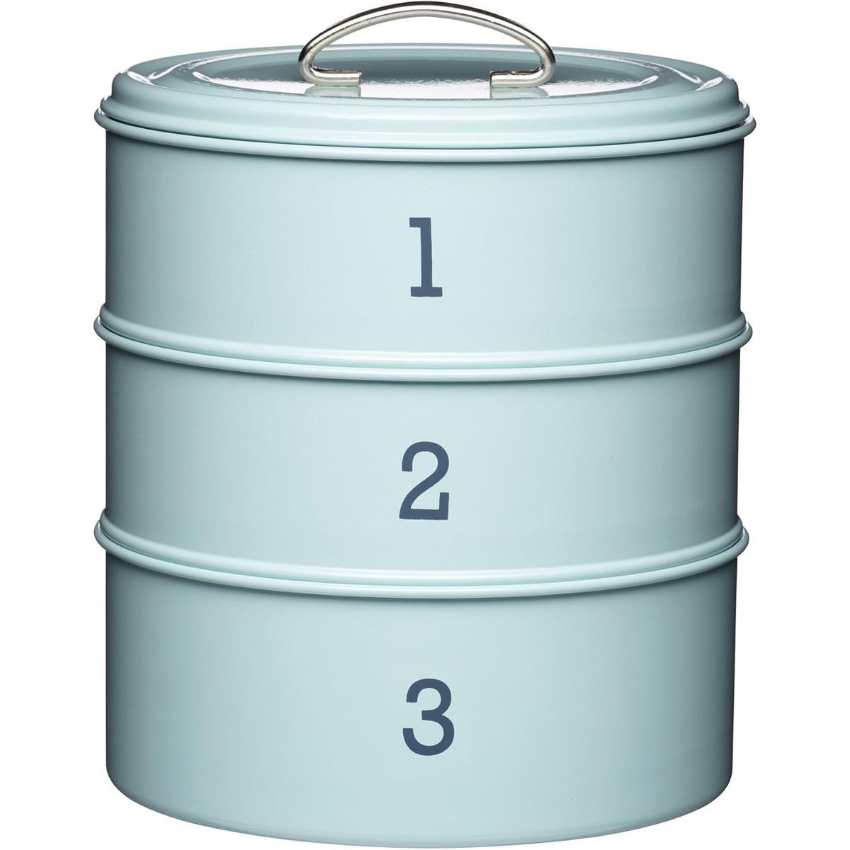 KitchenCraft Living Nostalgia 3-Tier Metal Cake Storage Tin Vintage Blue Airtight Stackable Baking Container Set