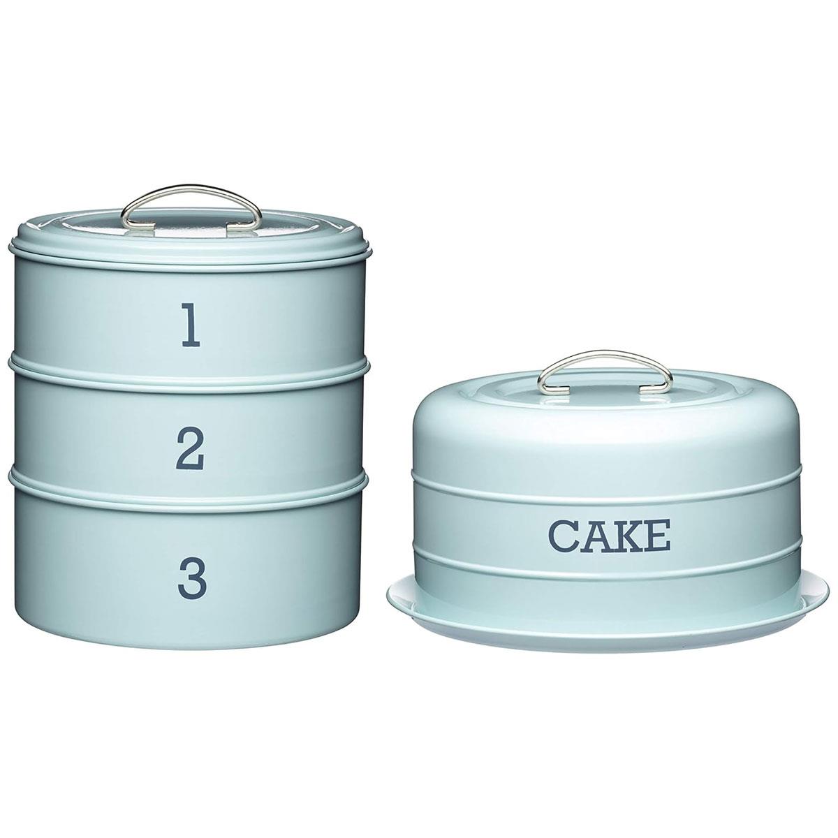 KitchenCraft Living Nostalgia 3-Tier Metal Cake Storage Tin Vintage Blue Airtight Stackable Baking Container Set - Image 5