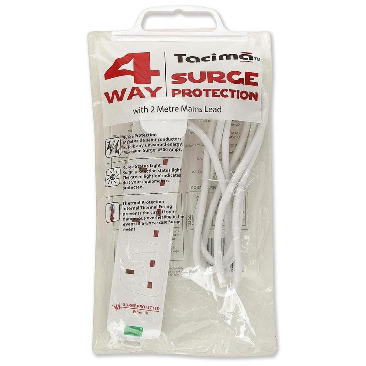 Tacima 4 Way Surge Protection Extension Lead 2M White Mains Power Strip with Overload Protection - Image 2
