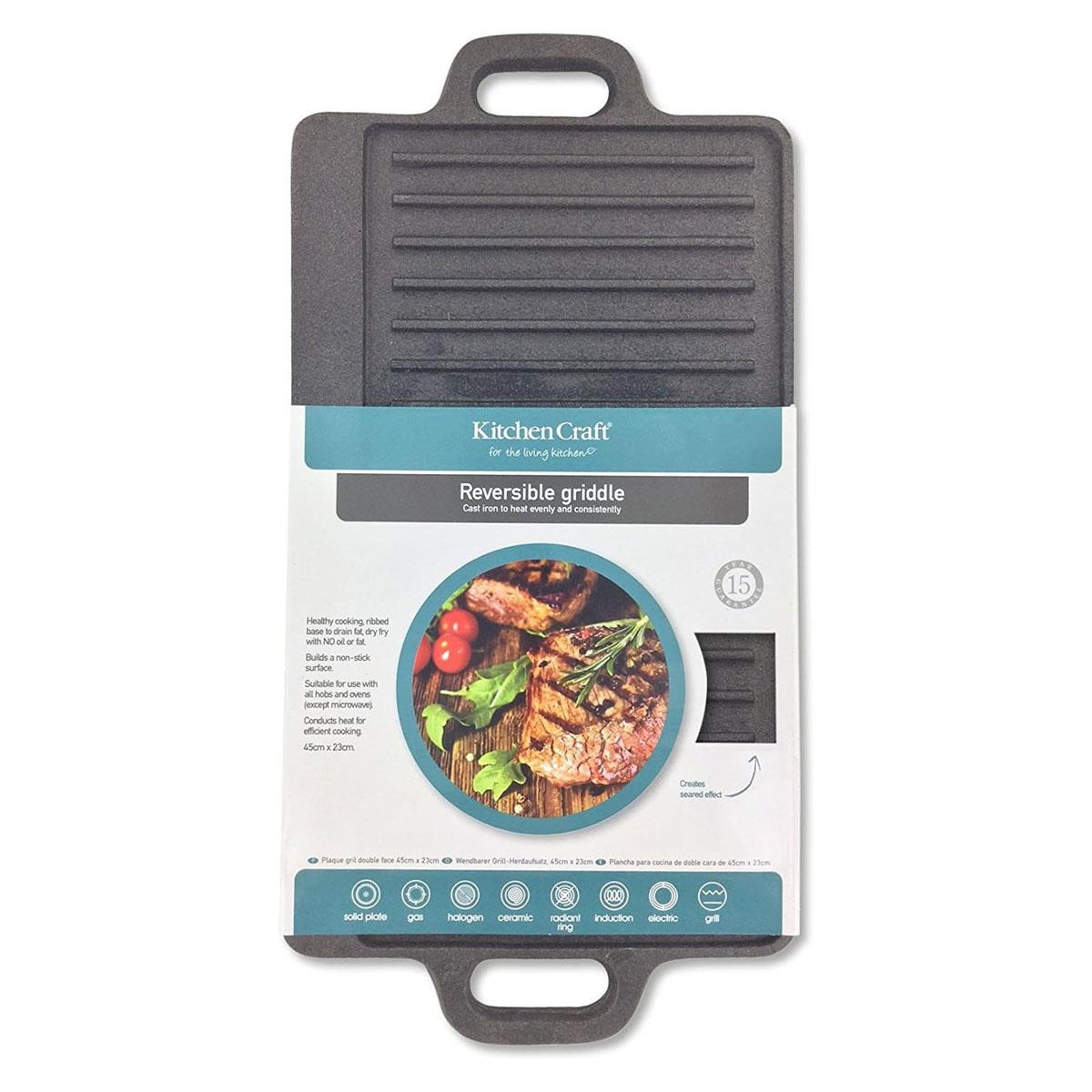 KitchenCraft Cast Iron Griddle Plate 45cm Reversible Non Stick Grill Pan with Handles Induction Safe Grey