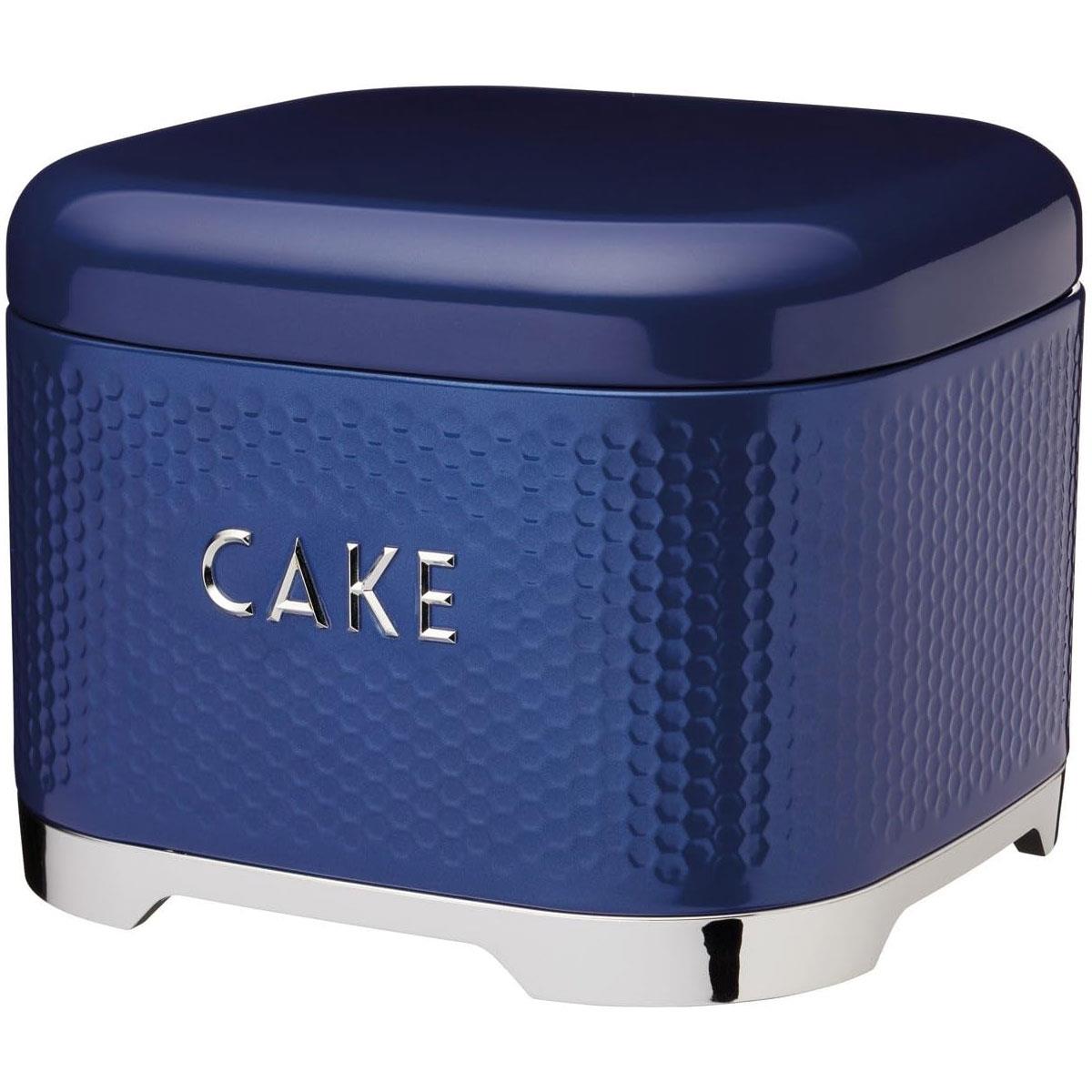 KitchenCraft Lovello Textured Cake Storage Tin Midnight Navy Hexagon Pattern Carbon Steel 26cm with Hinged Lid