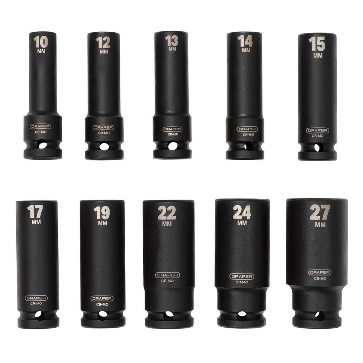 Draper 1/2 Inch Drive Metric Deep Impact Socket Set 10 Piece Chrome Vanadium Steel 10-27mm - Image 3