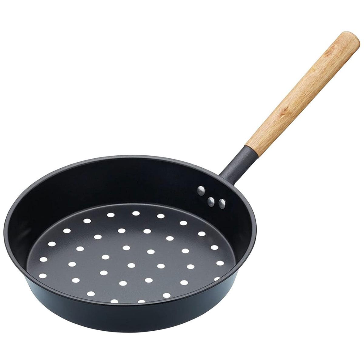 KitchenCraft Carbon Steel Chestnut Roasting Pan 27 cm with Wooden Handle Black Stovetop & Barbecue Safe