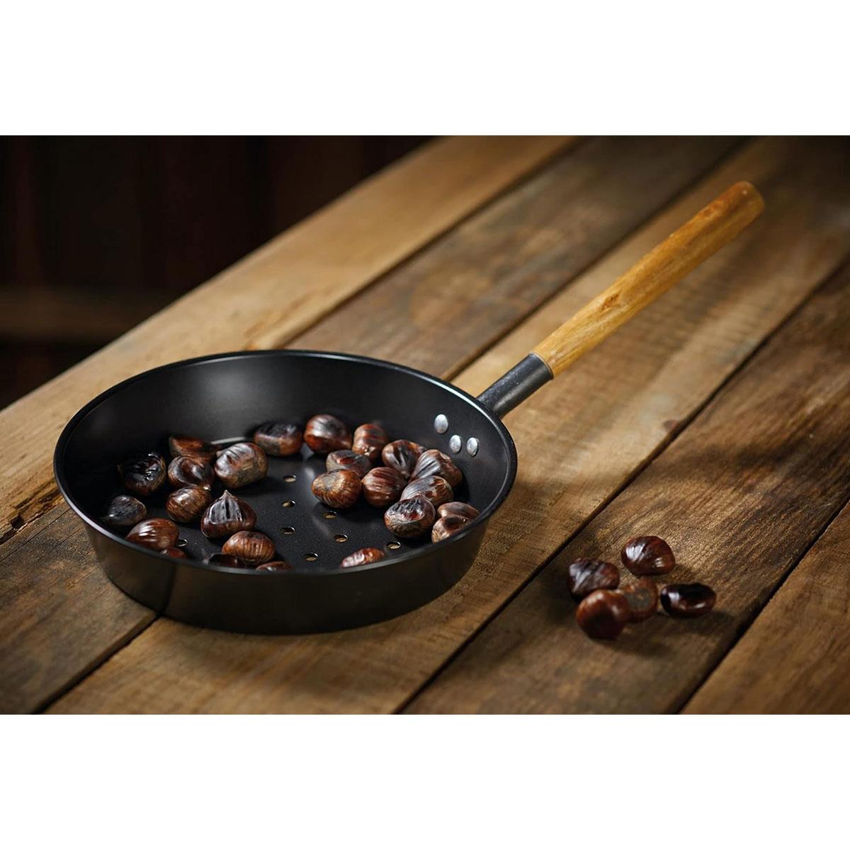 KitchenCraft Carbon Steel Chestnut Roasting Pan 27 cm with Wooden Handle Black Stovetop & Barbecue Safe - Image 2