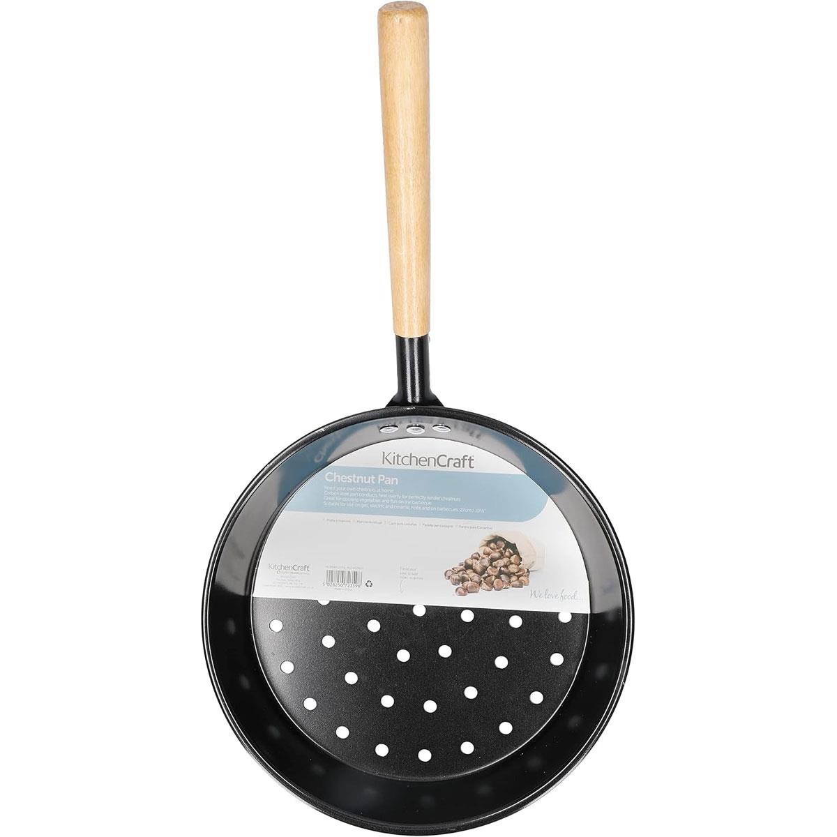 KitchenCraft Carbon Steel Chestnut Roasting Pan 27 cm with Wooden Handle Black Stovetop & Barbecue Safe - Image 3
