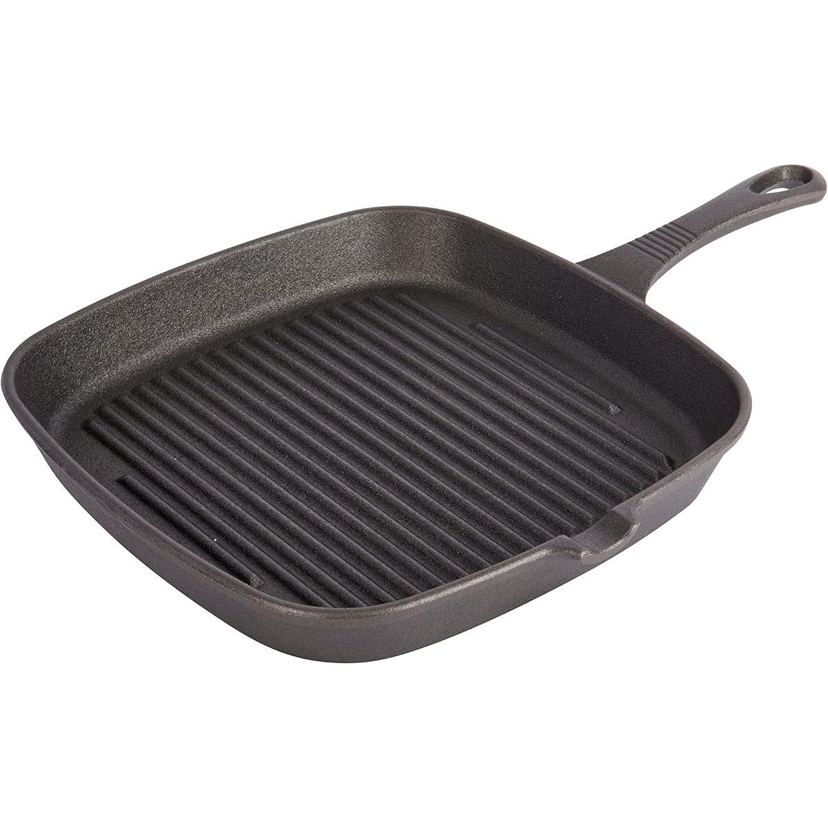 KitchenCraft Cast Iron Griddle Pan Square 23cm Black Induction Hob Compatible Ribbed Grill Plate