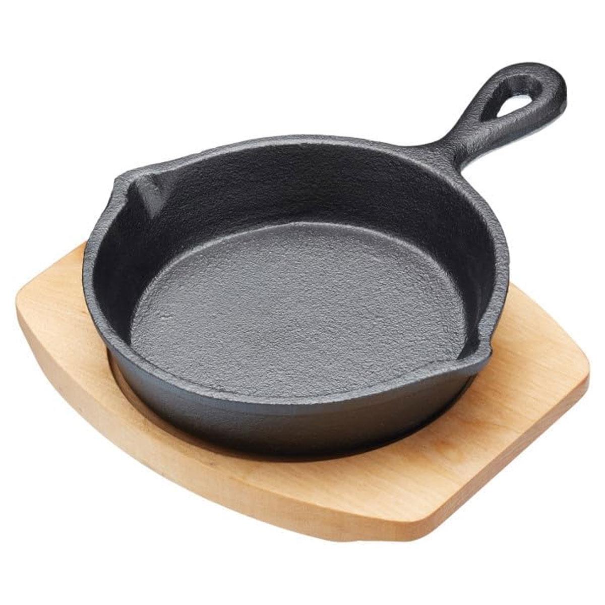 Artesa Cast Iron Mini Frying Pan 13cm with Maple Wooden Serving Board Non Stick Sizzle Skillet Black/Beige