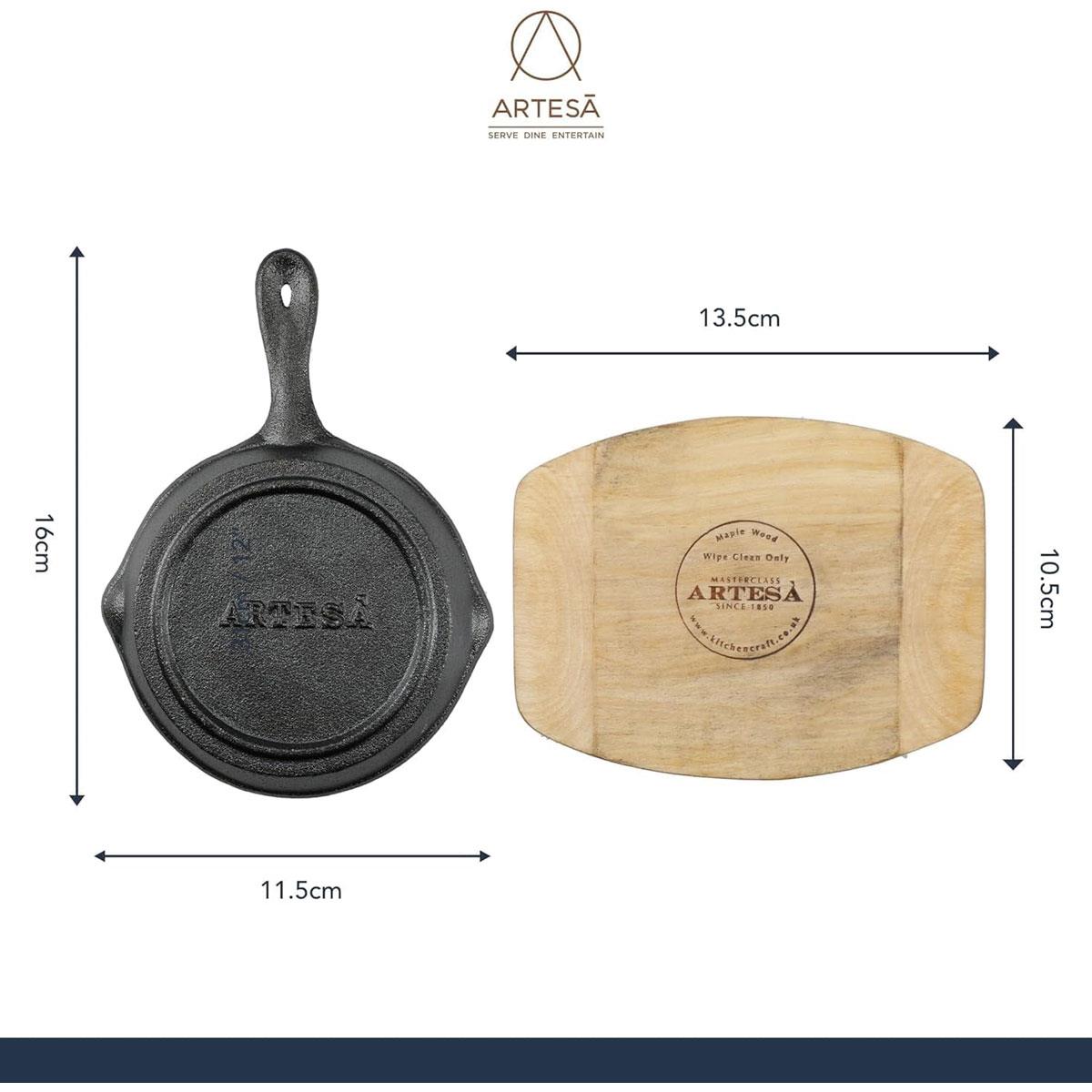 Artesa Cast Iron Mini Frying Pan 13cm with Maple Wooden Serving Board Non Stick Sizzle Skillet Black/Beige - Image 3