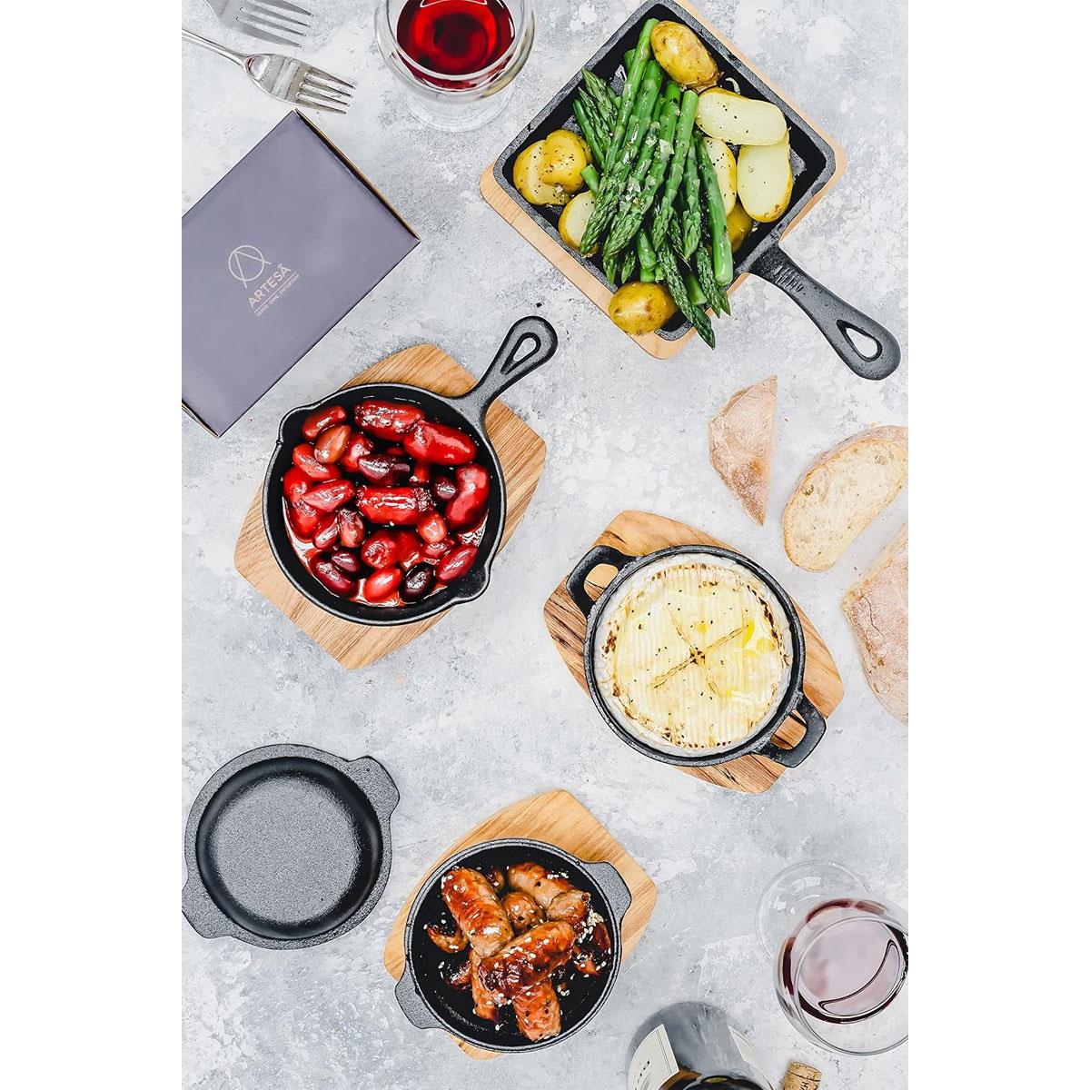 Artesa Cast Iron Mini Frying Pan 13cm with Maple Wooden Serving Board Non Stick Sizzle Skillet Black/Beige - Image 5