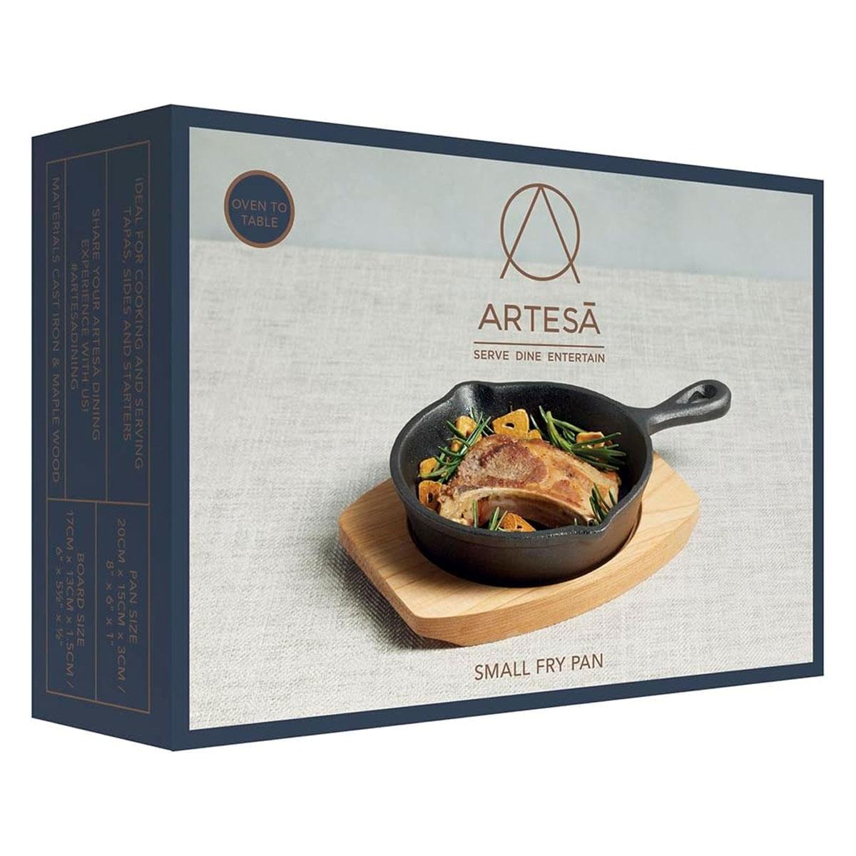Artesa Cast Iron Mini Frying Pan 13cm with Maple Wooden Serving Board Non Stick Sizzle Skillet Black/Beige - Image 8