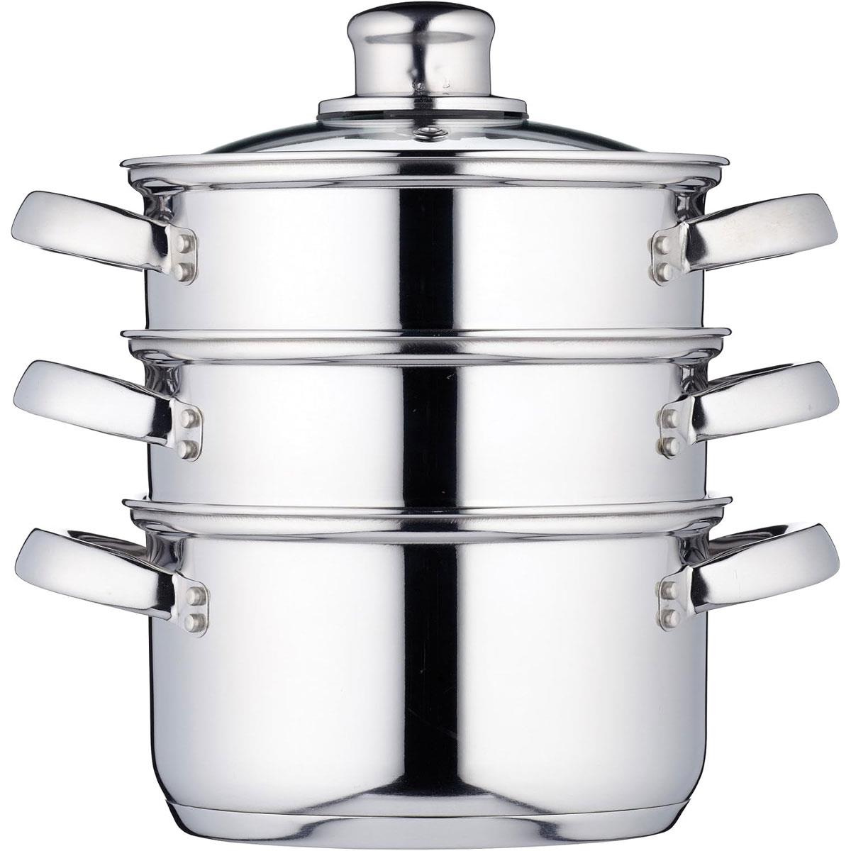 KitchenCraft 3 Tier Food Steamer Pan Stainless Steel Induction Safe Stackable Steamer with Glass Lid 16 cm Silver