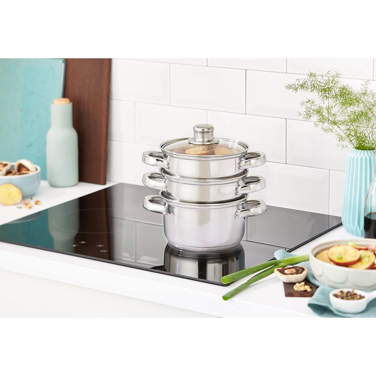 KitchenCraft 3 Tier Food Steamer Pan Stainless Steel Induction Safe Stackable Steamer with Glass Lid 16 cm Silver - Image 2