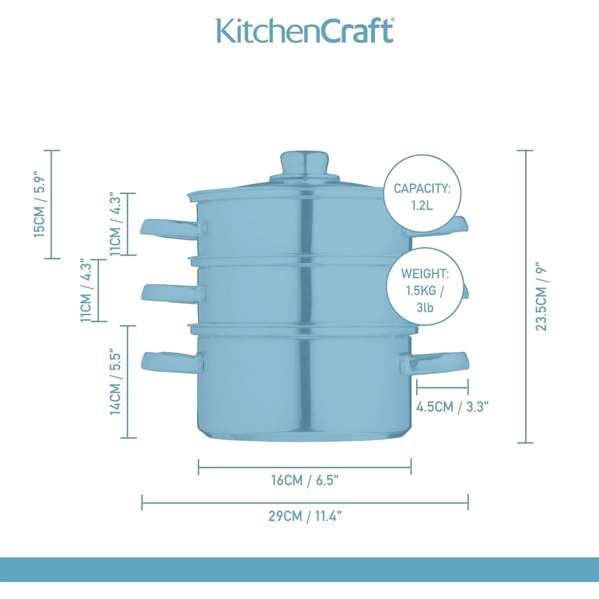 KitchenCraft 3 Tier Food Steamer Pan Stainless Steel Induction Safe Stackable Steamer with Glass Lid 16 cm Silver - Image 3