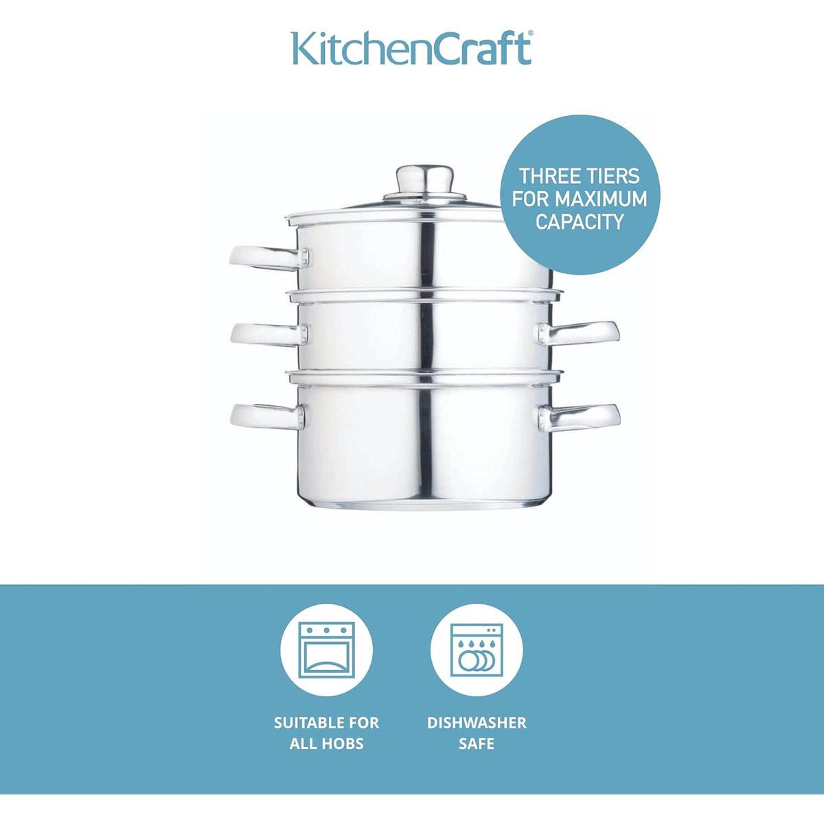 KitchenCraft 3 Tier Food Steamer Pan Stainless Steel Induction Safe Stackable Steamer with Glass Lid 16 cm Silver - Image 4