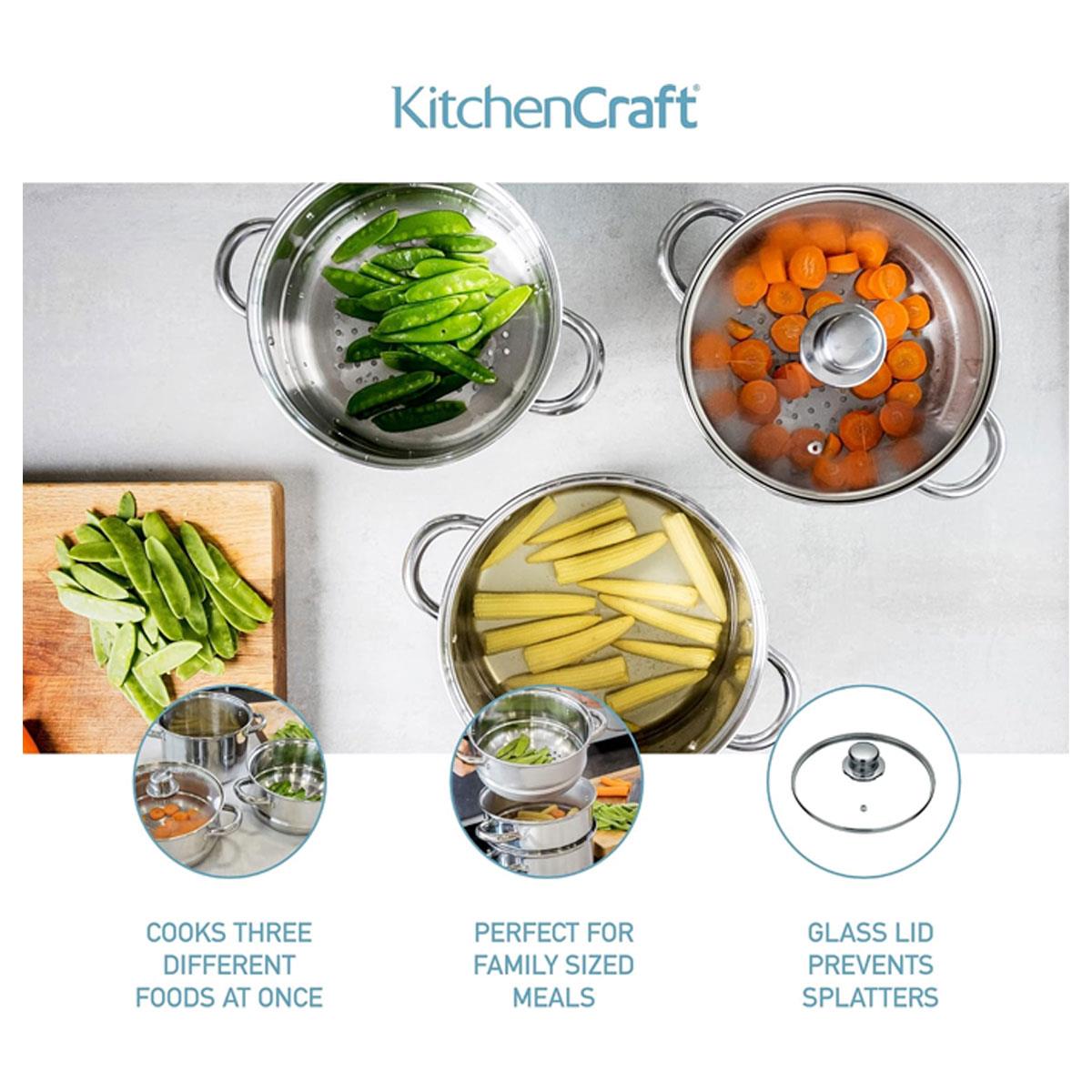 KitchenCraft 3 Tier Food Steamer Pan Stainless Steel Induction Safe Stackable Steamer with Glass Lid 16 cm Silver - Image 5