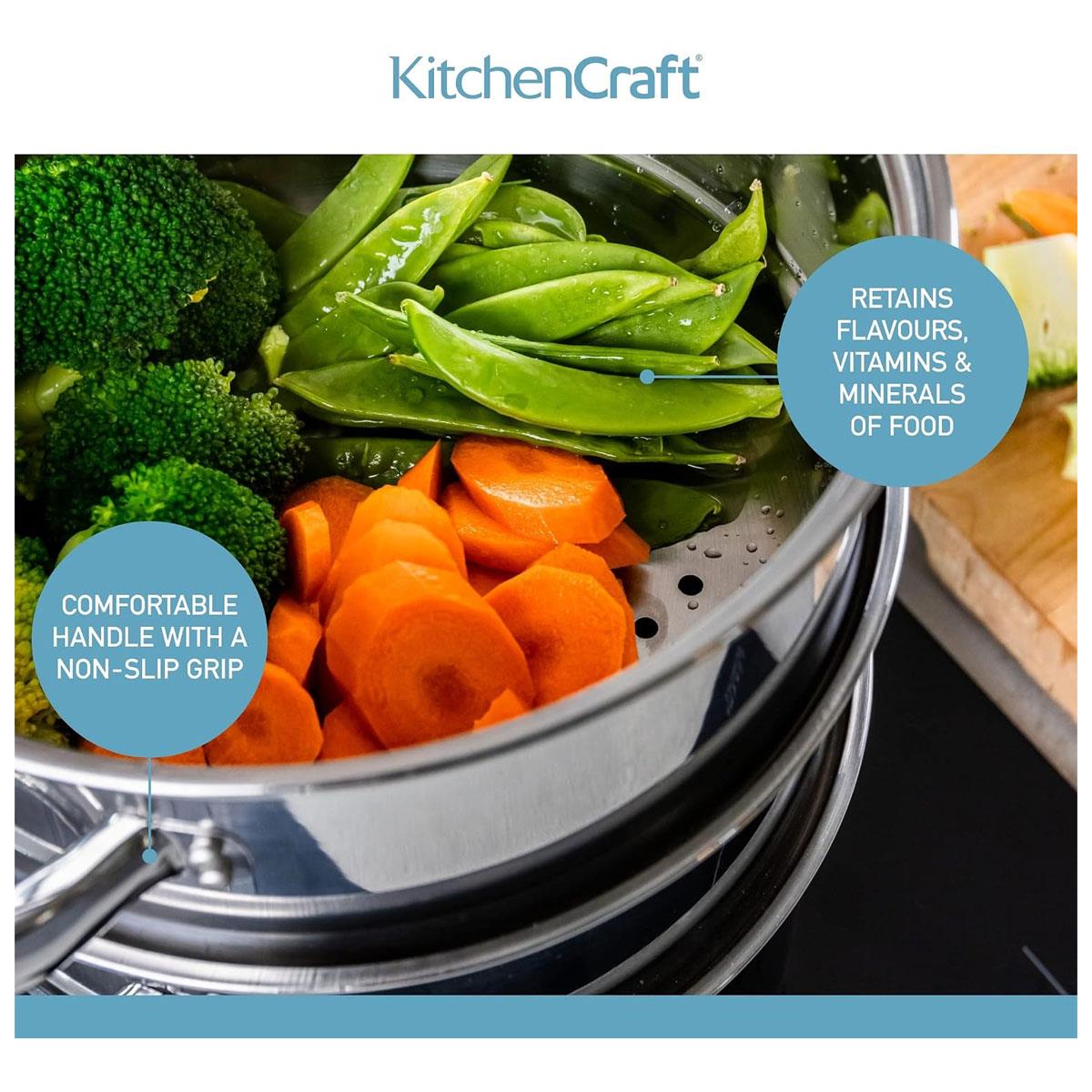 KitchenCraft 3 Tier Food Steamer Pan Stainless Steel Induction Safe Stackable Steamer with Glass Lid 16 cm Silver - Image 6