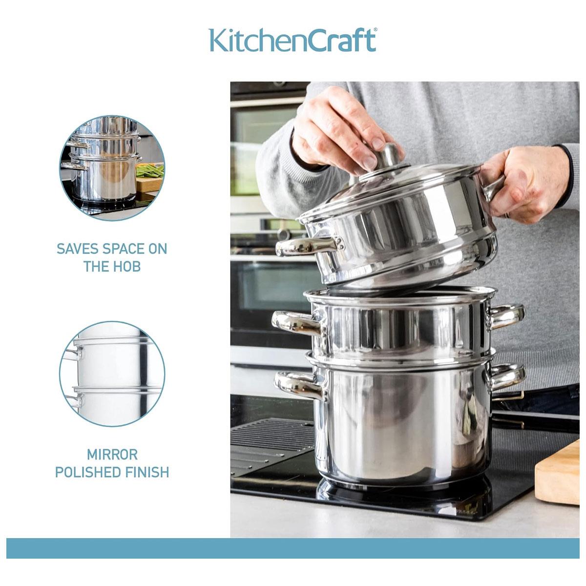 KitchenCraft 3 Tier Food Steamer Pan Stainless Steel Induction Safe Stackable Steamer with Glass Lid 16 cm Silver - Image 7