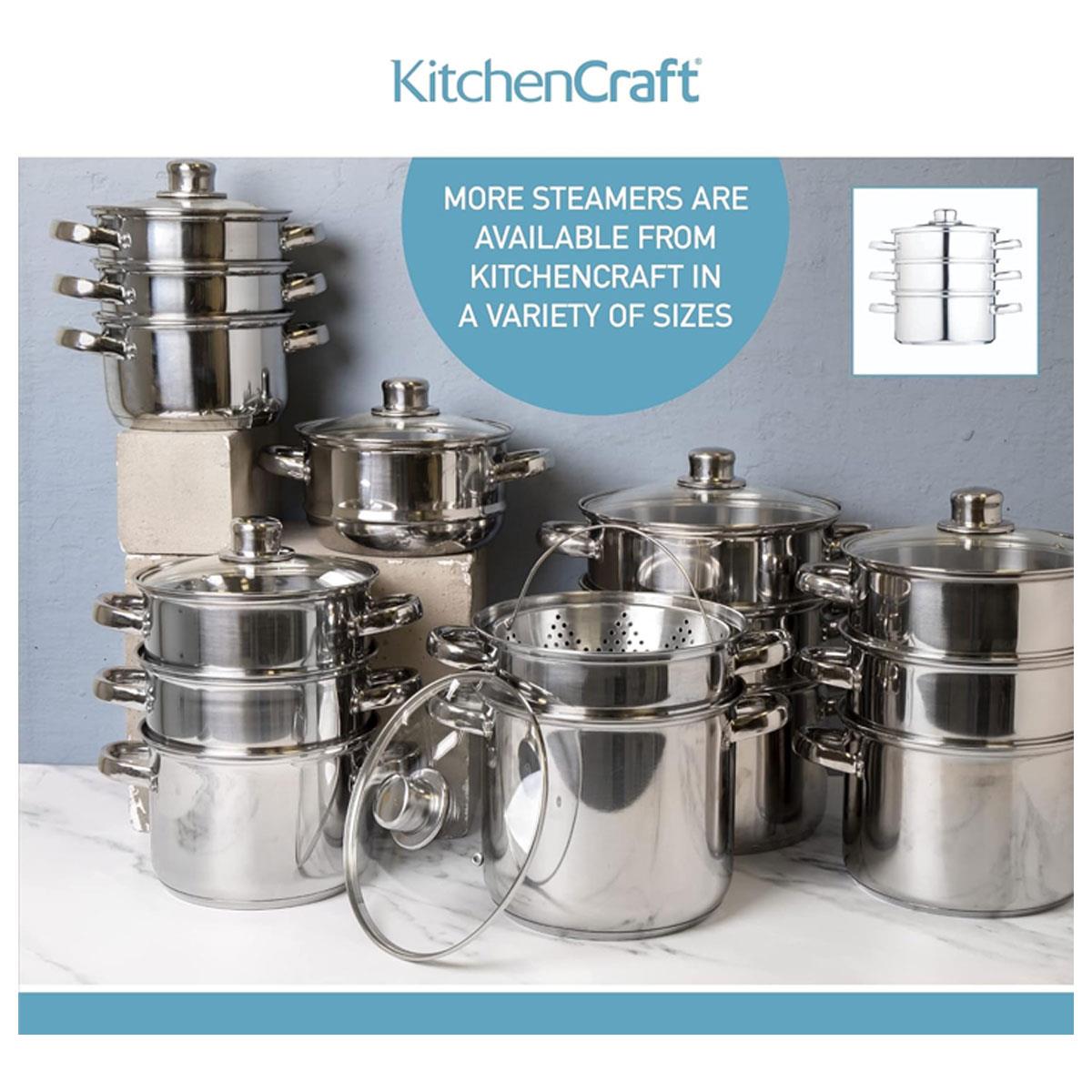 KitchenCraft 3 Tier Food Steamer Pan Stainless Steel Induction Safe Stackable Steamer with Glass Lid 16 cm Silver - Image 8