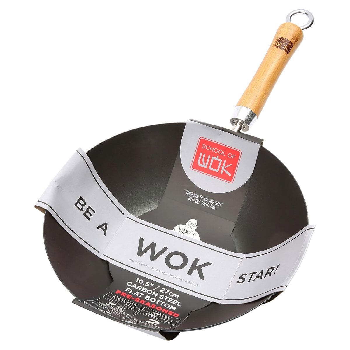 Dexam School of Wok Carbon Steel Wok 27cm Pre-Seasoned Flat Bottom Stir Fry Pan with Bamboo Handle Induction Black