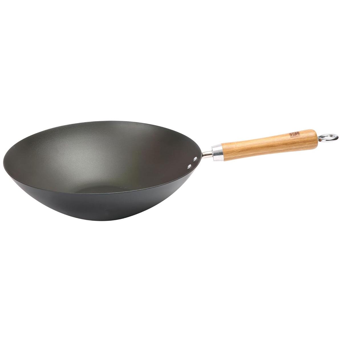 Dexam School of Wok Carbon Steel Wok 27cm Pre-Seasoned Flat Bottom Stir Fry Pan with Bamboo Handle Induction Black - Image 3