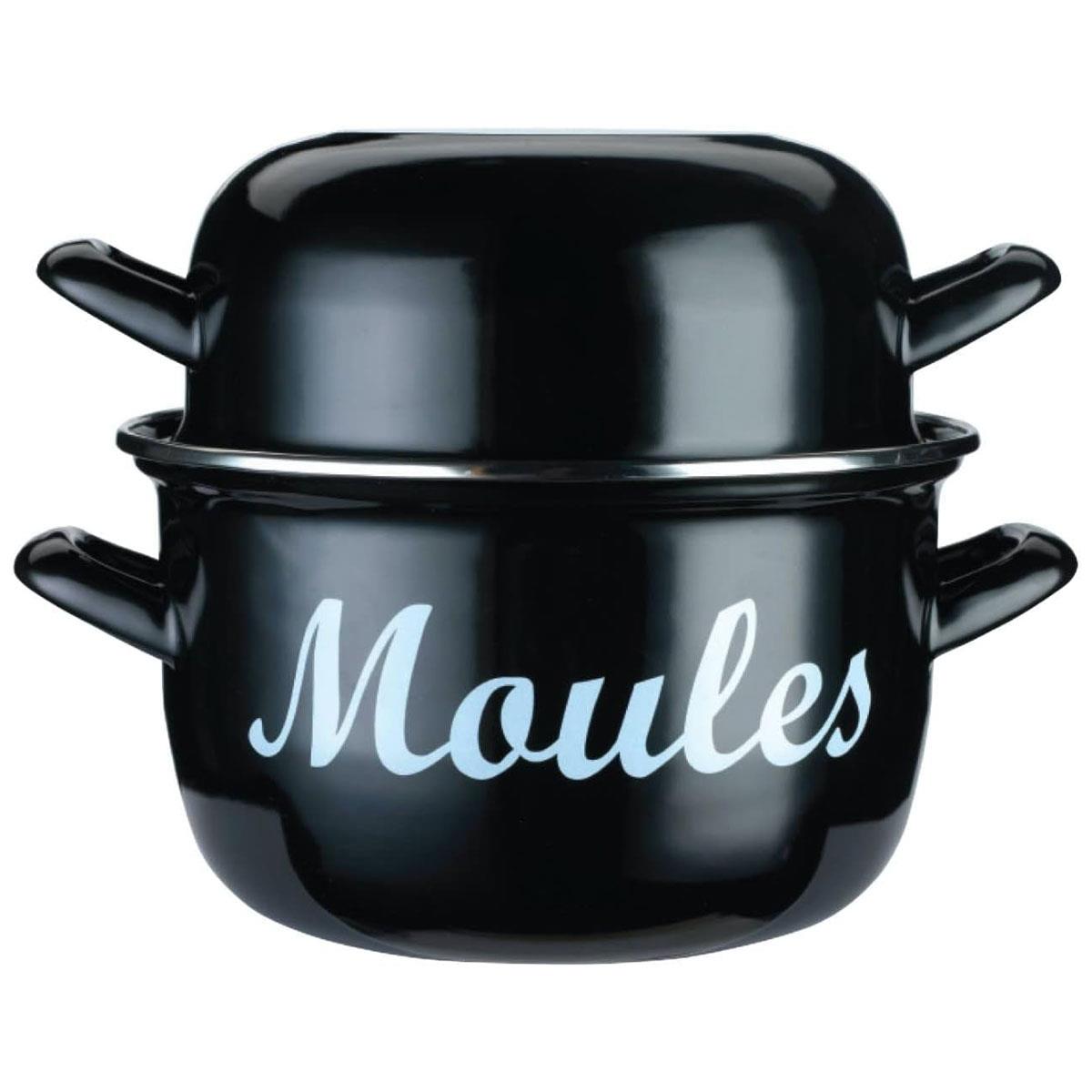 KitchenCraft Mussel Pot World of Flavours 18cm 2.5L Enamel Steel Seafood Cooking Pot with Dual-Purpose Lid Black