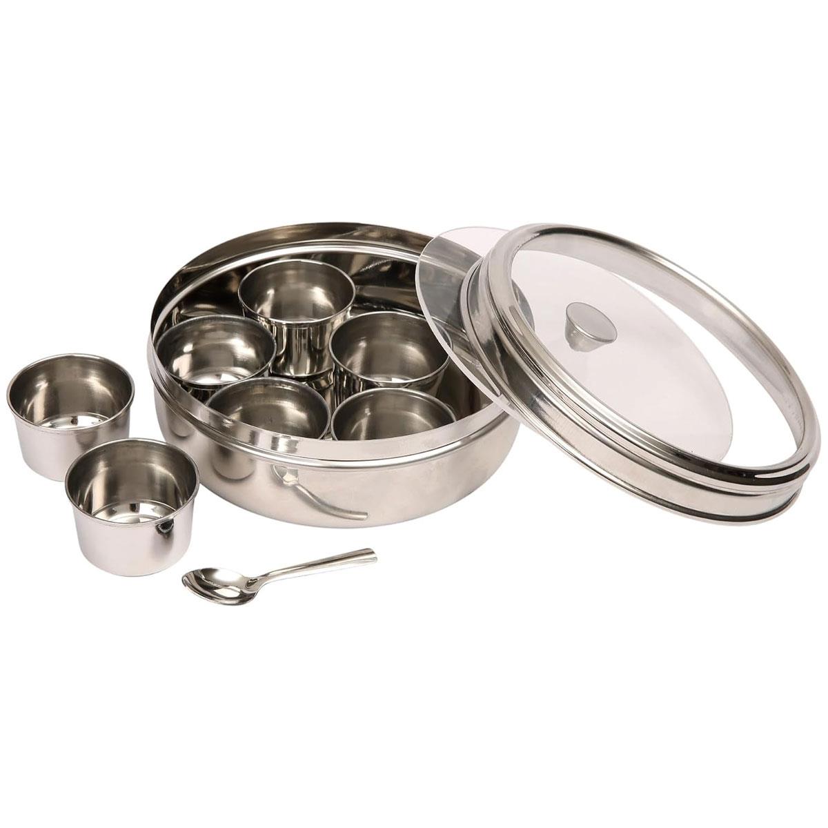 Dexam School of Wok Stainless Steel Spice Dabba with 7 Pots & Spoon Clear Lid Asian Spice Storage Box Silver