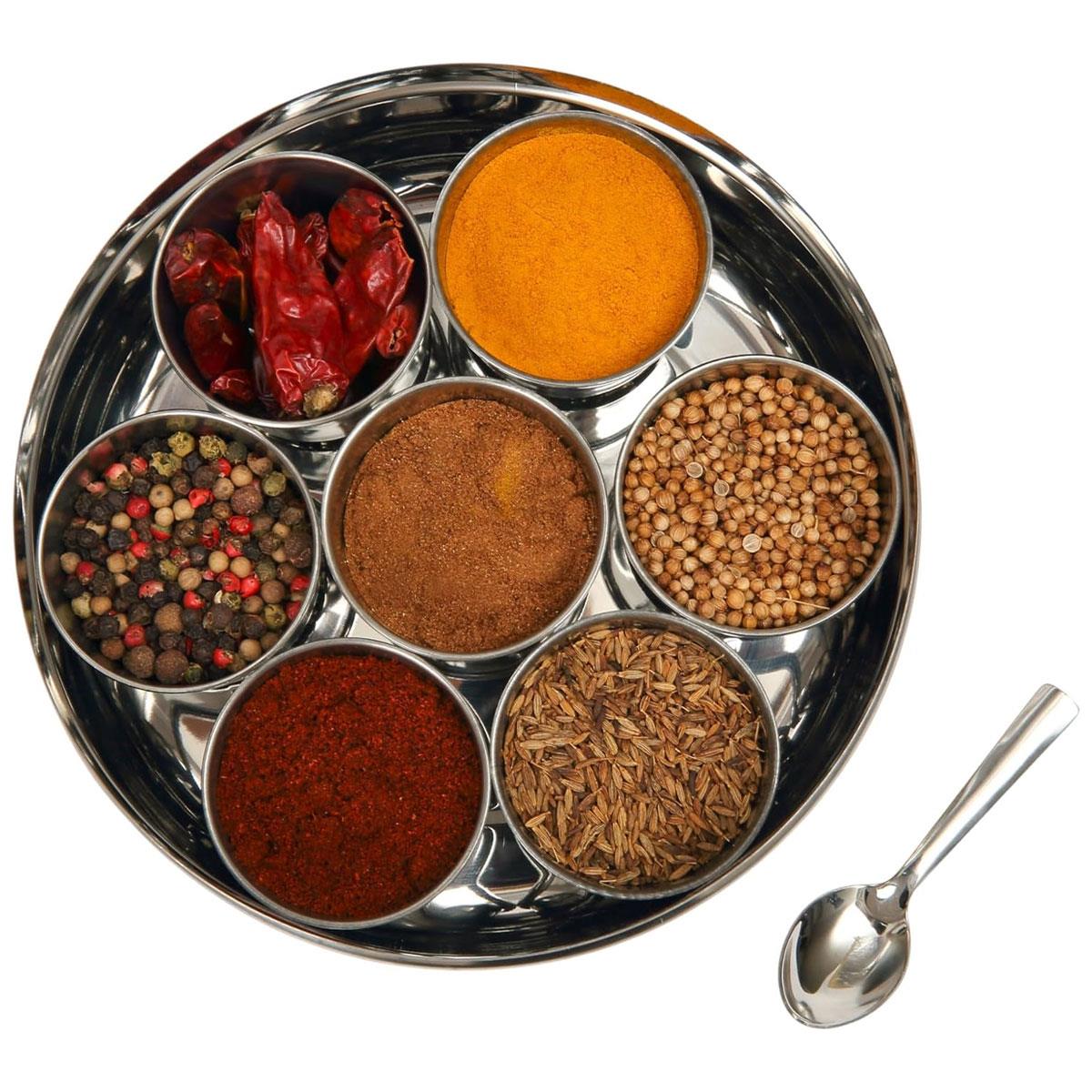 Dexam School of Wok Stainless Steel Spice Dabba with 7 Pots & Spoon Clear Lid Asian Spice Storage Box Silver - Image 2