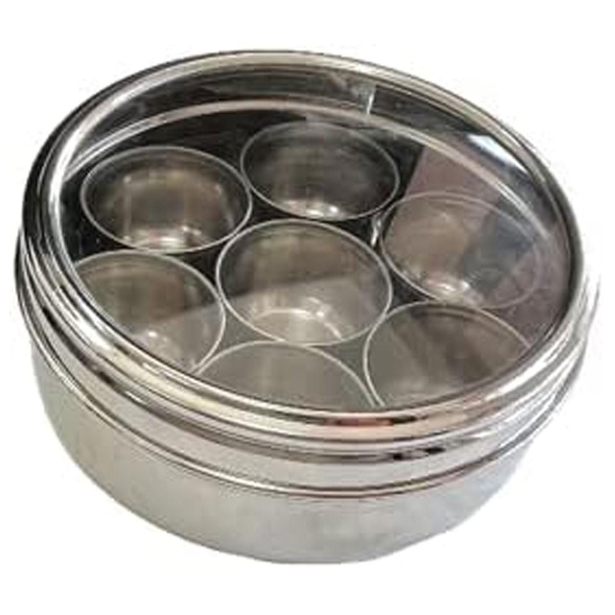 Dexam School of Wok Stainless Steel Spice Dabba with 7 Pots & Spoon Clear Lid Asian Spice Storage Box Silver - Image 4