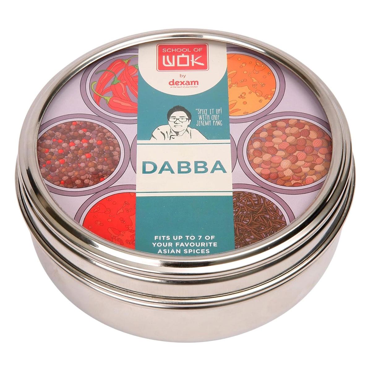 Dexam School of Wok Stainless Steel Spice Dabba with 7 Pots & Spoon Clear Lid Asian Spice Storage Box Silver - Image 5