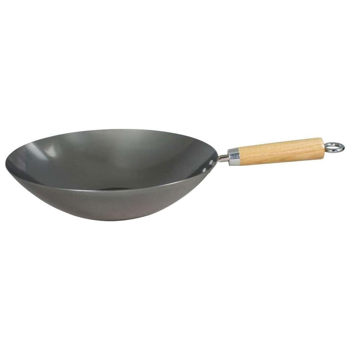 Dexam Professional Carbon Steel Wok 30cm 1.8mm Heavy Gauge Flat Bottom Stir Fry Pan with Wooden Handle Induction Compatible